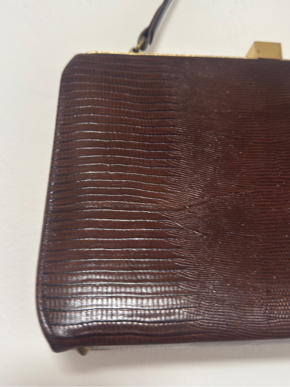 Vintage Brown Lizard Embossed Structured Top Handle Frame Handbag Gold Tone - Picture 8 of 16